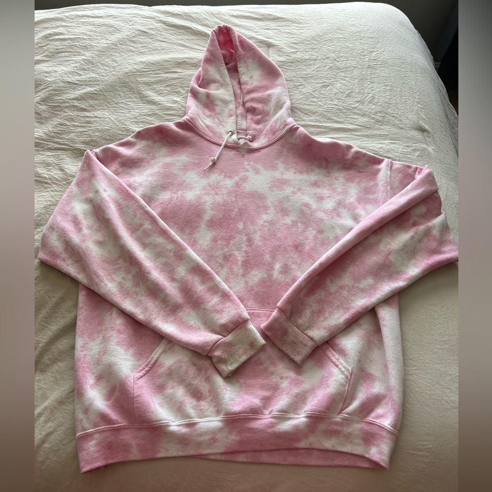 Pink and white tie dye hoodie. Worn a few times. Distressed sleeves. Size Large